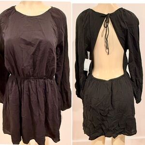 New H&M Black Open Back Elastic Waist Dress Sz M Long Sleeves